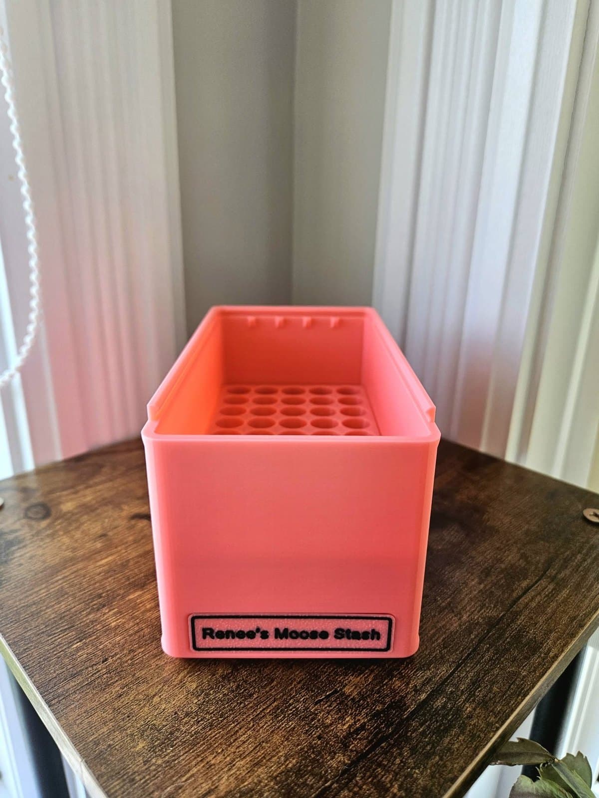 Open personalized pink .308 Win ammunition box showing its internal tray