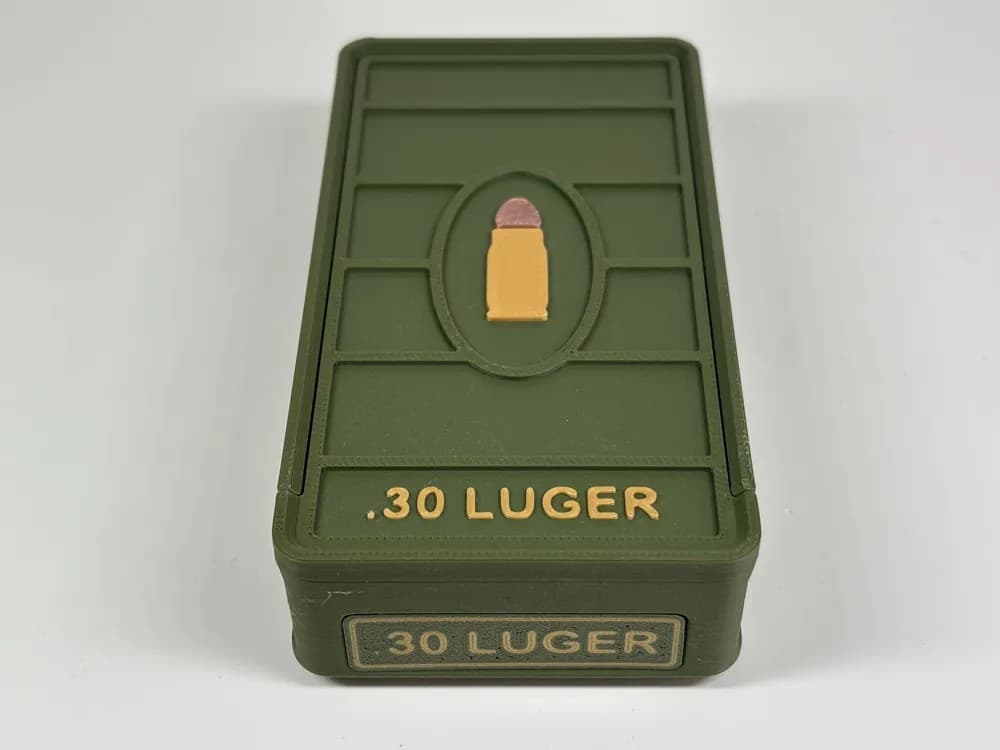 Ammo Storage Box .30 Luger/7.65 Para 50 Rounds front view product photo; ammunition not included