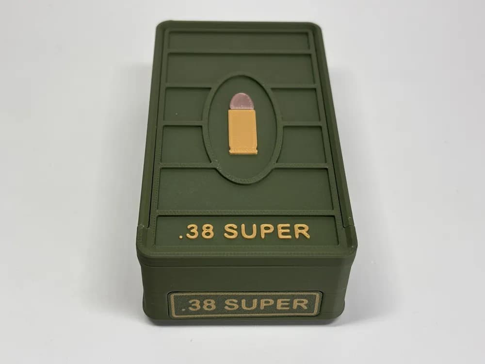 Ammo Storage Box - .38 SUPER - 50 Rounds front view product photo; ammunition not included